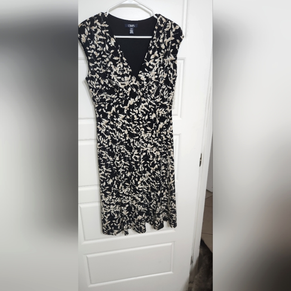 Chaps Black and White Sheath Midi Dress V-Neck Sleeveless